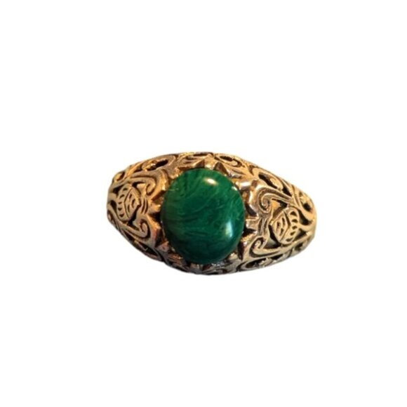 Estate Malachite Sterling Silver Filigree 925 Ring Openwork Victorian Edwardian - Picture 1 of 7